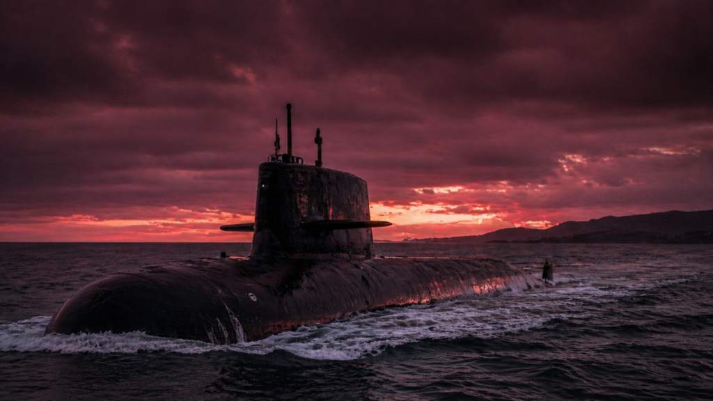 A nuclear submarine at sea at sunset