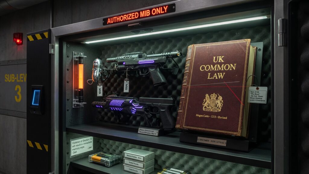 A secret agent weapon cabinet, with a book of UK Common Law
