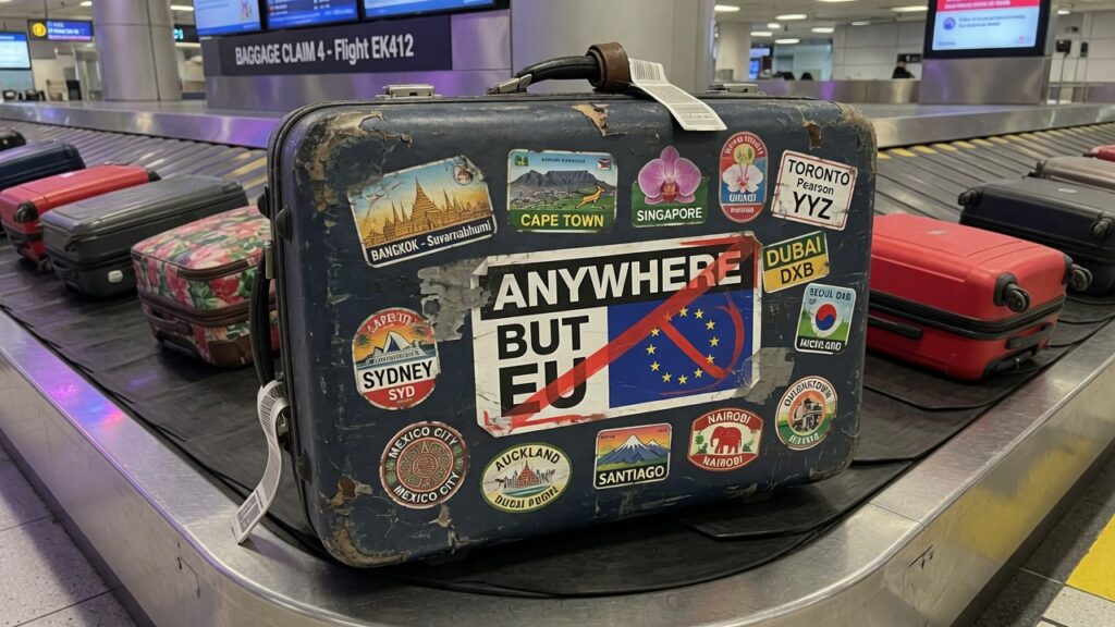 A heavily used suitcase on an airport baggage carousel