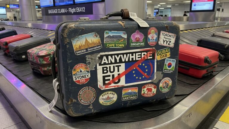 A heavily used suitcase on an airport baggage carousel
