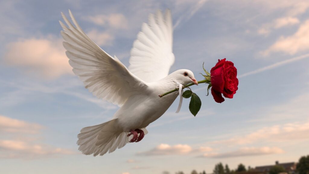 A white dove, carrying a red rose