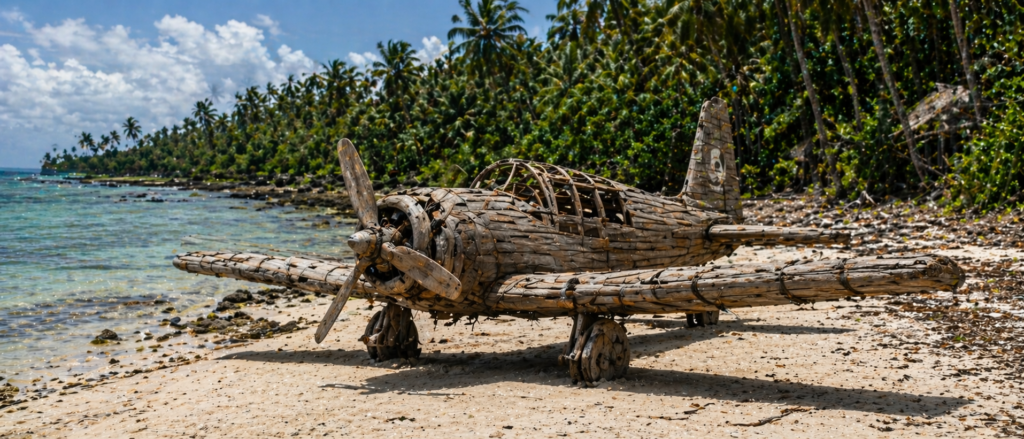 A wooden decoy plane on a tropical beach