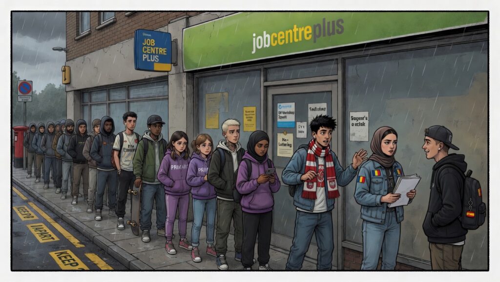 Queue of unemployed youth outside a UK Jobcentre