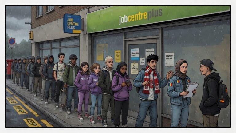 Queue of unemployed youth outside a UK Jobcentre