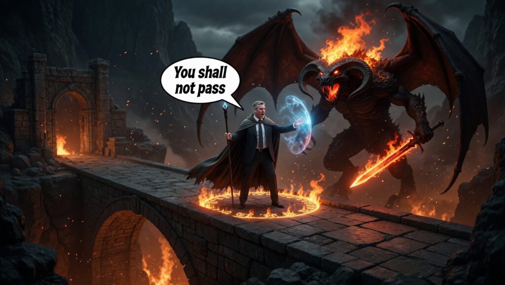 Sir Keir Starmer as Gandalf, stopping the Balrog of imported steel entering the UK